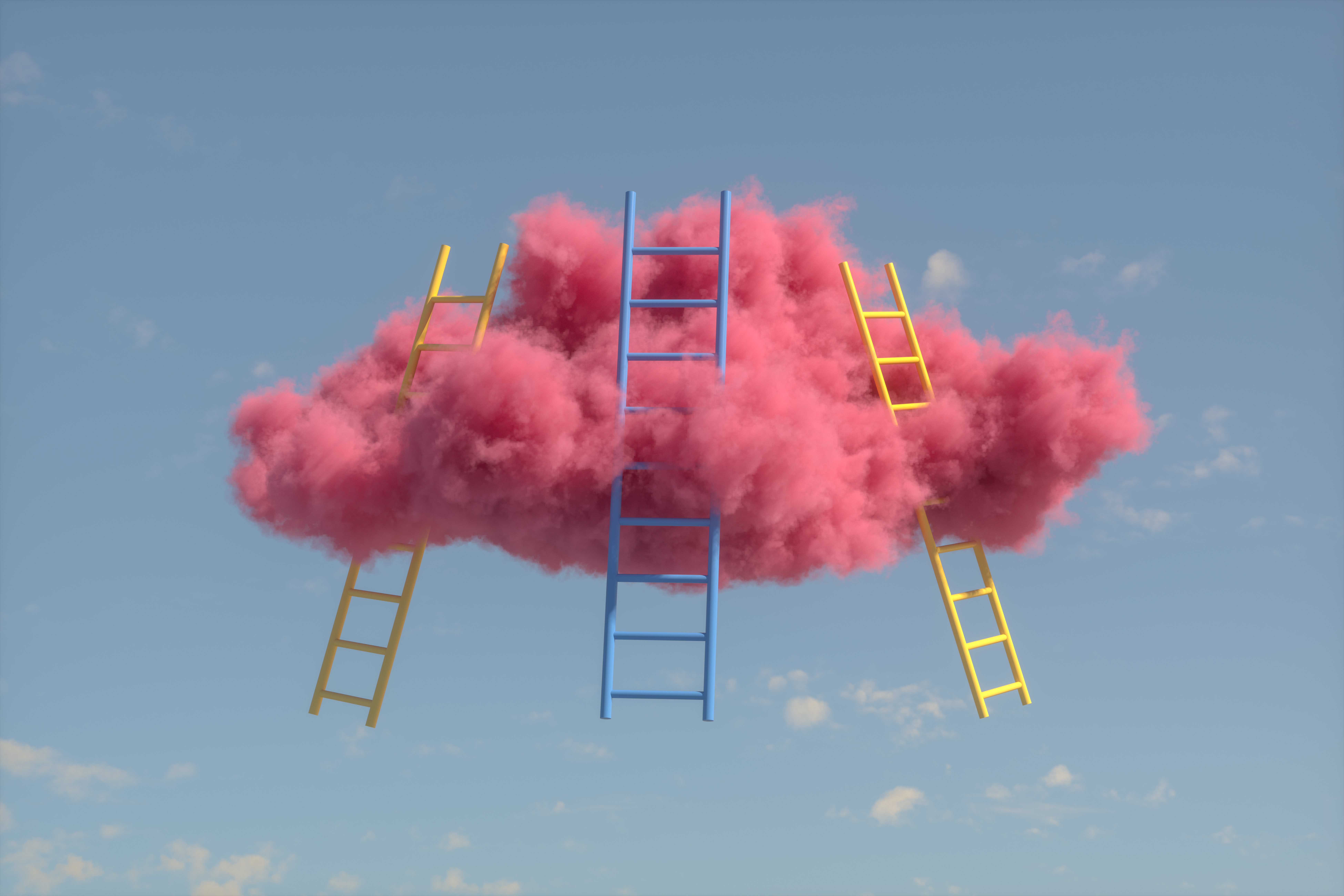 managing up three ladders leading up into a pink cloud