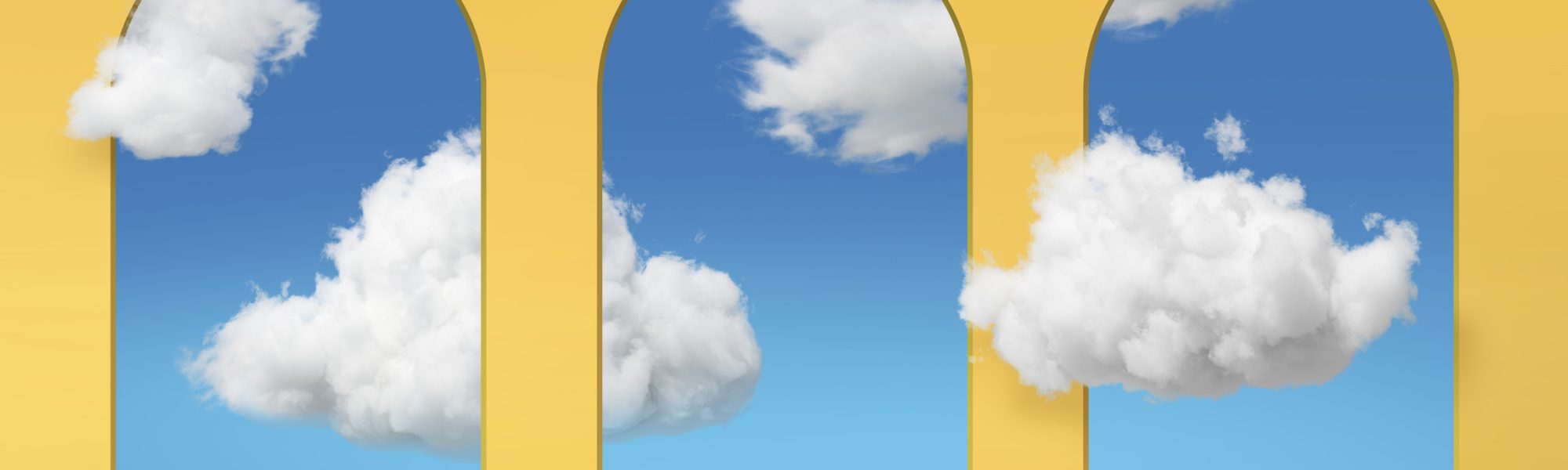 3d rendering, abstract background with blue sky inside the arch windows on the yellow wall. White clouds fly inside the room.