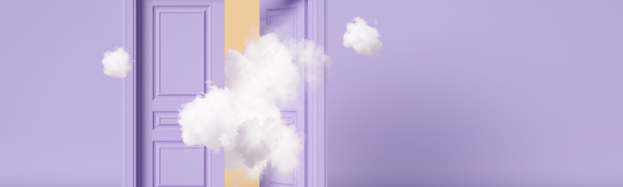 3d render, white clouds flying outside the wide open violet double doors. Architectural or interior element isolated on lilac background. Dream metaphor