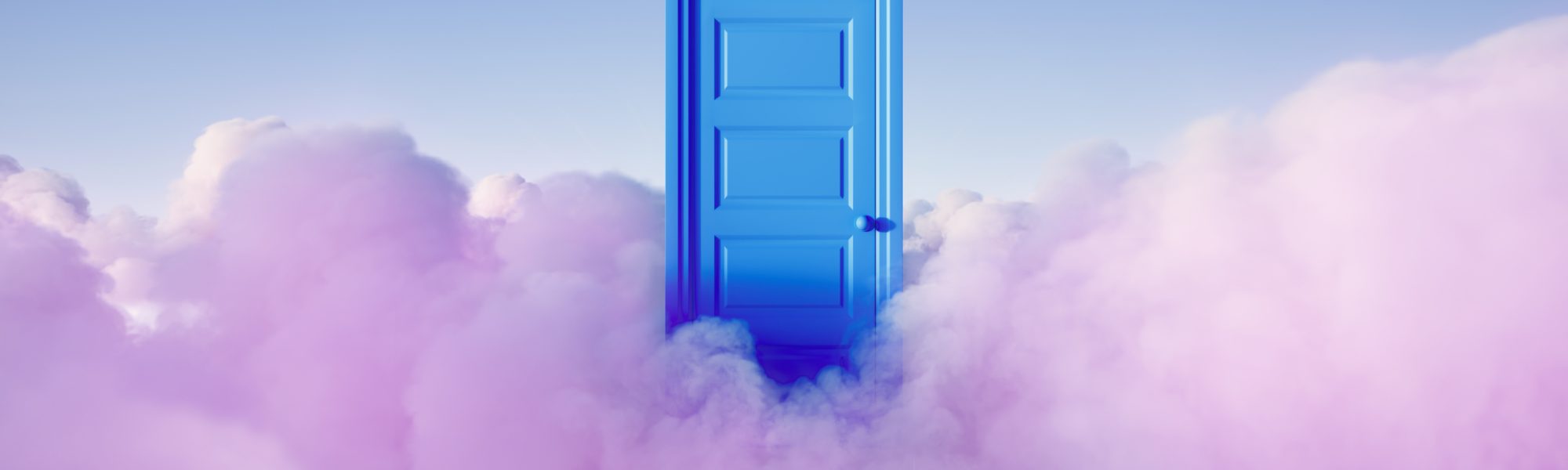 3d rendering, closed blue door and pink clouds in the sky. Abstract minimal background